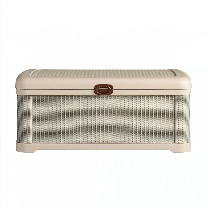 Aufbewahrungstruhe 120 x 45 x 50 cm aus Kunststoff Beige mit Rattanoptik und Deckel