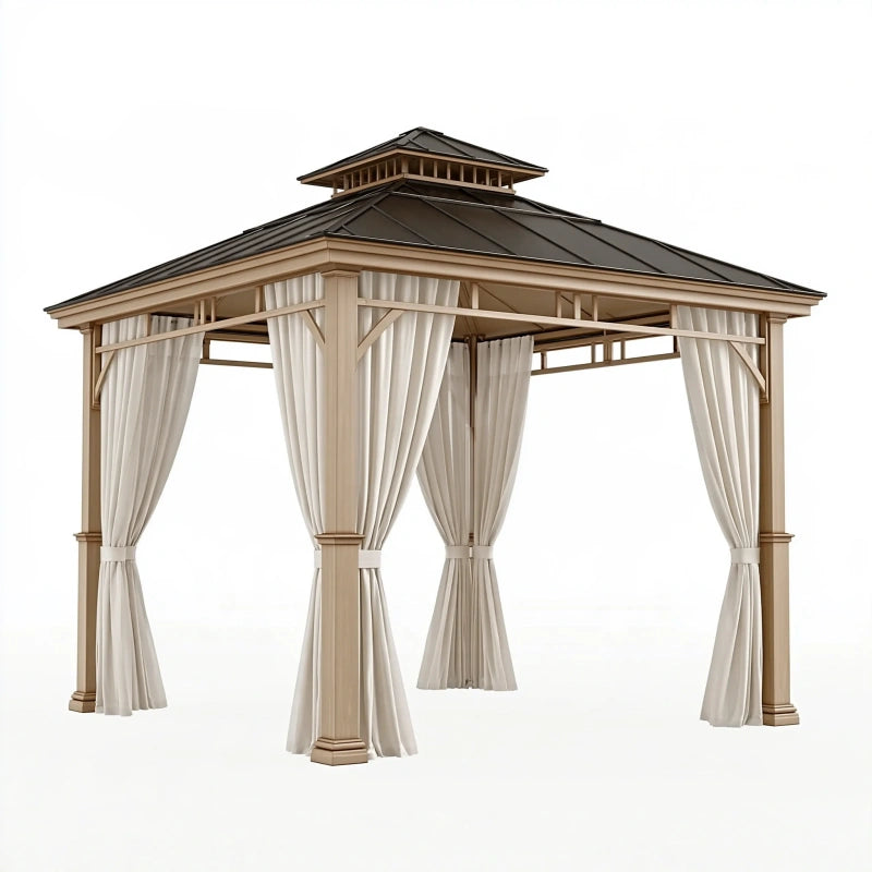Gartenpavillon 300 x 300 x 300 cm Holz Beige mit Metall Dach und Vorhängen