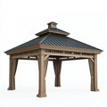 Gartenpavillon 400 x 400 cm Aluminium Beige Anthrazit mit Metalldach klassisch mit Vorhängen