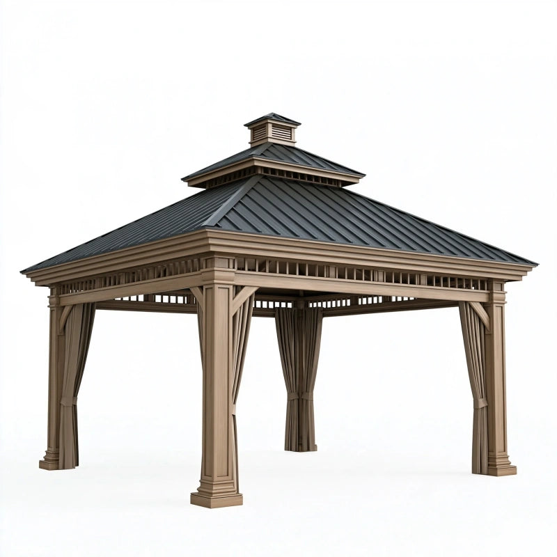 Gartenpavillon 400 x 400 cm Aluminium Beige Anthrazit mit Metalldach klassisch mit Vorhängen