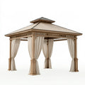 Gartenpavillon 300 x 300 x 300 cm aus Holz in Naturbraun mit beigefarbenen Vorhängen