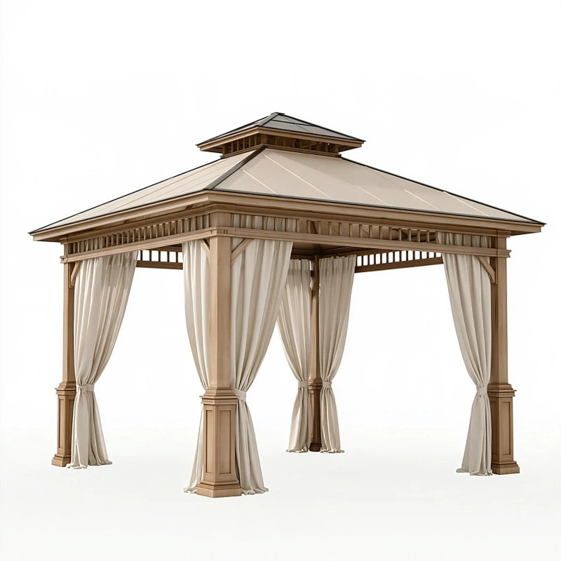 Gartenpavillon 300 x 300 x 300 cm aus Holz in Naturbraun mit beigefarbenen Vorhängen