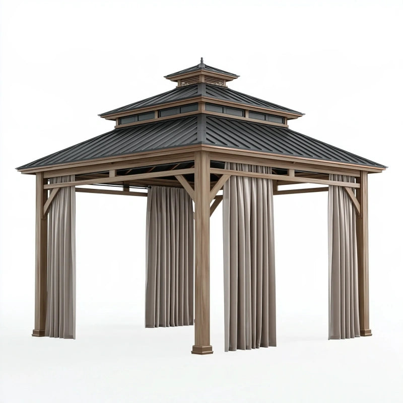Gartenpavillon 300 x 300 x 330 cm aus Holz in Braun mit Vorhängen und Metalldach