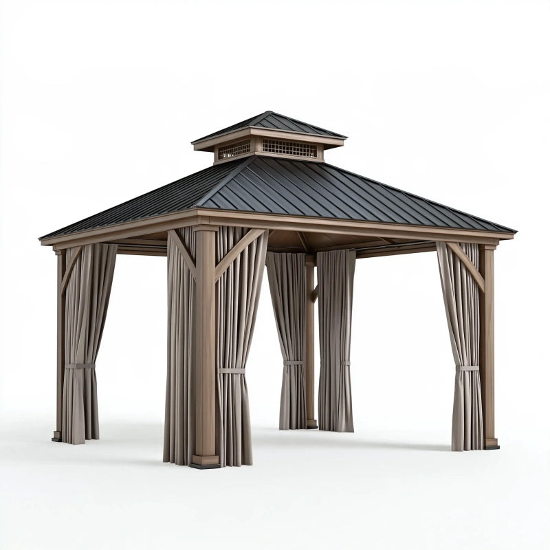 Gartenpavillon 300 x 300 x 300 cm Holz und Metall Beige mit Vorhängen