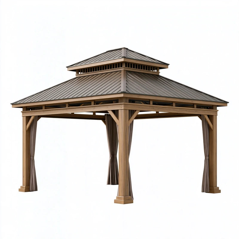 Gartenpavillon 400 x 400 cm Holz Metall Braun Anthrazit mit Vorhängen