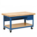 Werkbank 152 x 76 x 91 cm mit Holzplatte blau rollbar