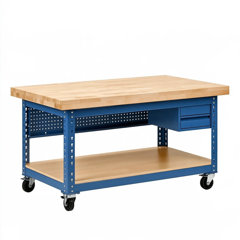 Werkbank 152 x 76 x 91 cm mit Holzplatte blau rollbar