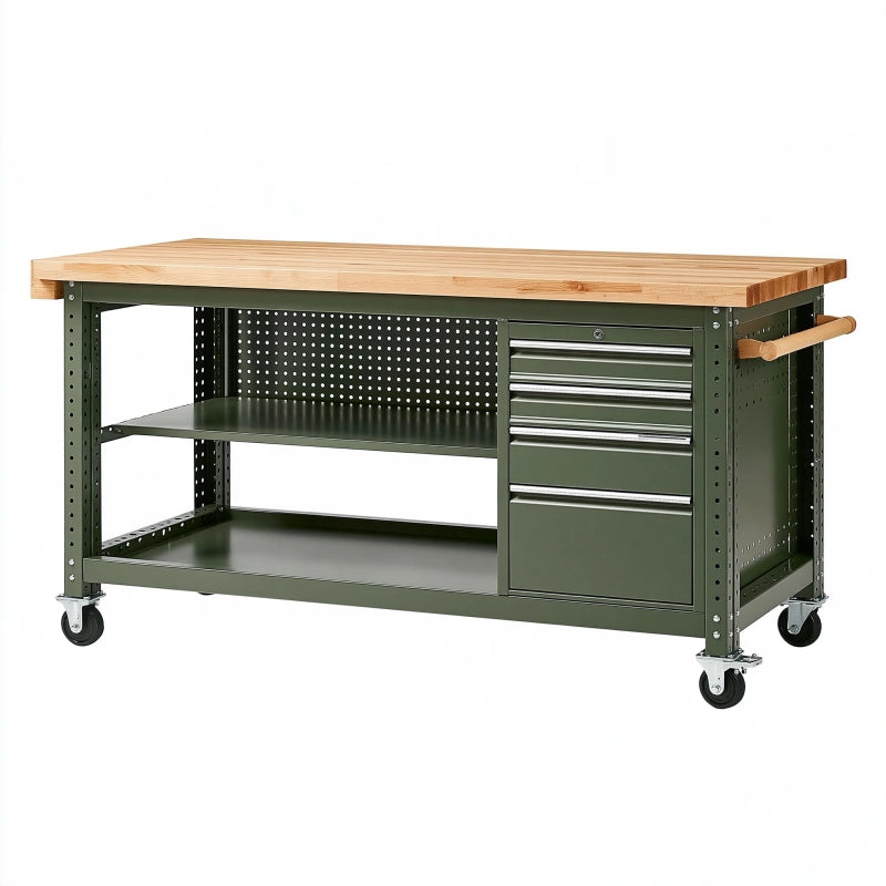 Werkbank 150 x 60 x 90 cm aus Stahl und Holz in Dunkelgrün mit Schubladen und Rollen