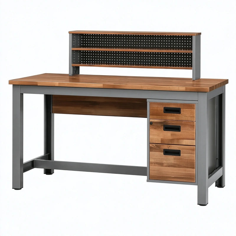 Werkbank 160 x 70 x 145 cm aus Holz und Metall Braun Grau mit 3 Schubladen und Lochwand
