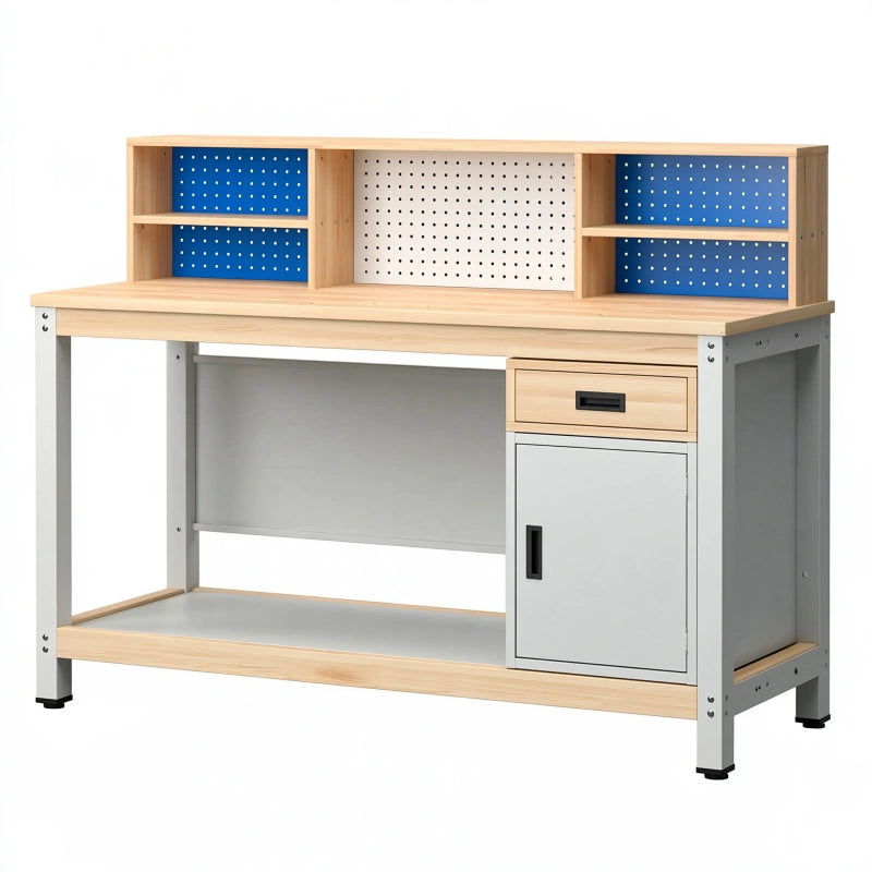 Werkbank 160 x 70 x 140 cm aus Holz und Stahl Natur/Grau mit Lochwand und Stauraum