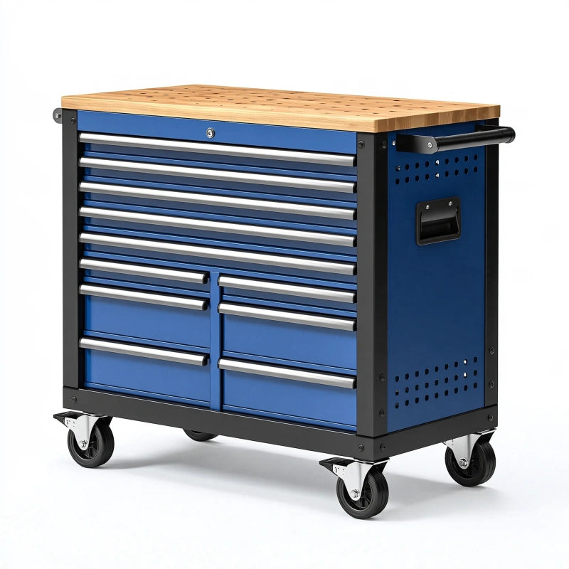Werkzeugwagen 110 x 55 x 100 cm aus Stahl Blau mit Holzarbeitsplatte und 12 Schubladen