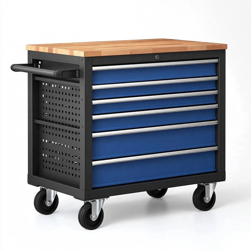 Werkzeugwagen 86 x 46 x 97 cm Stahl Holz Blau Schwarz mit 5 Schubladen