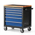 Werkzeugwagen 85 x 45 x 95 cm aus Stahl in Blau Schwarz mit Holzplatte und 7 Schubladen