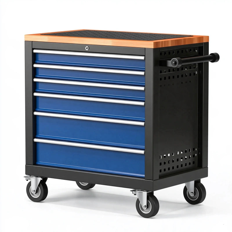 Werkzeugwagen 85 x 45 x 95 cm aus Stahl in Blau Schwarz mit Holzplatte und 7 Schubladen