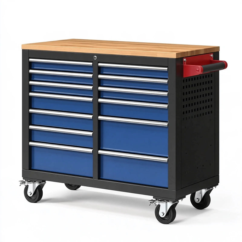 Werkstattwagen 116 x 48 x 95 cm aus Stahl und Holz Blau Schwarz mit 14 Schubladen