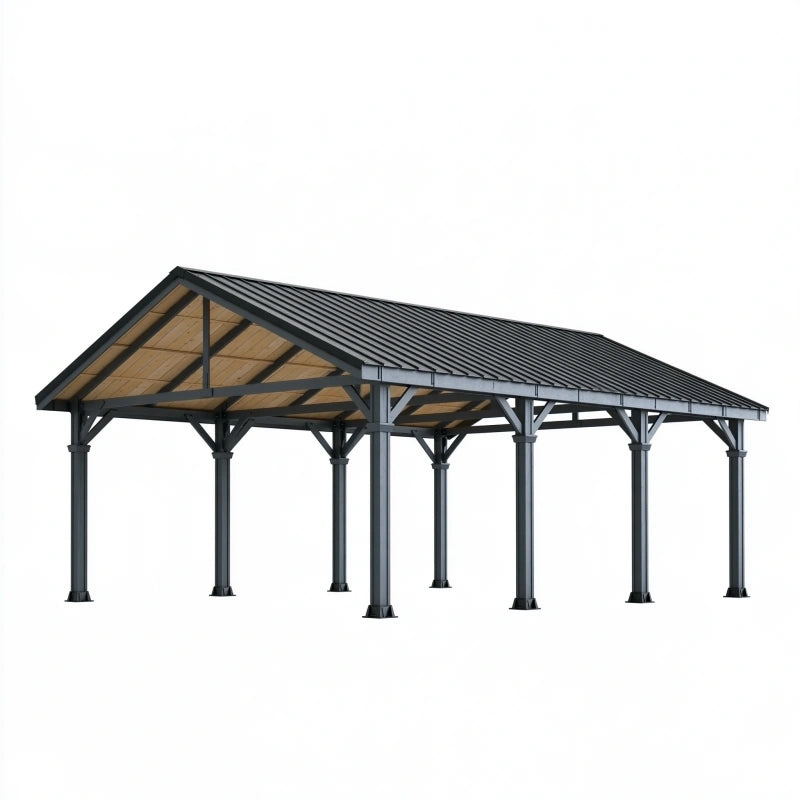 Carport 600 x 500 x 320 cm aus Stahl und Holz mit Metalldach in Schwarz
